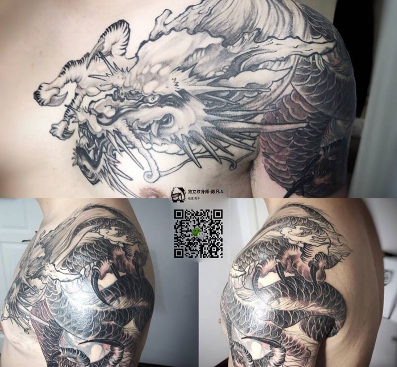 过肩龙遮盖，进程70%……未完待续纹身图片_成品肩部手臂传统国画习俗鬼神动物宗教原创纹身图案