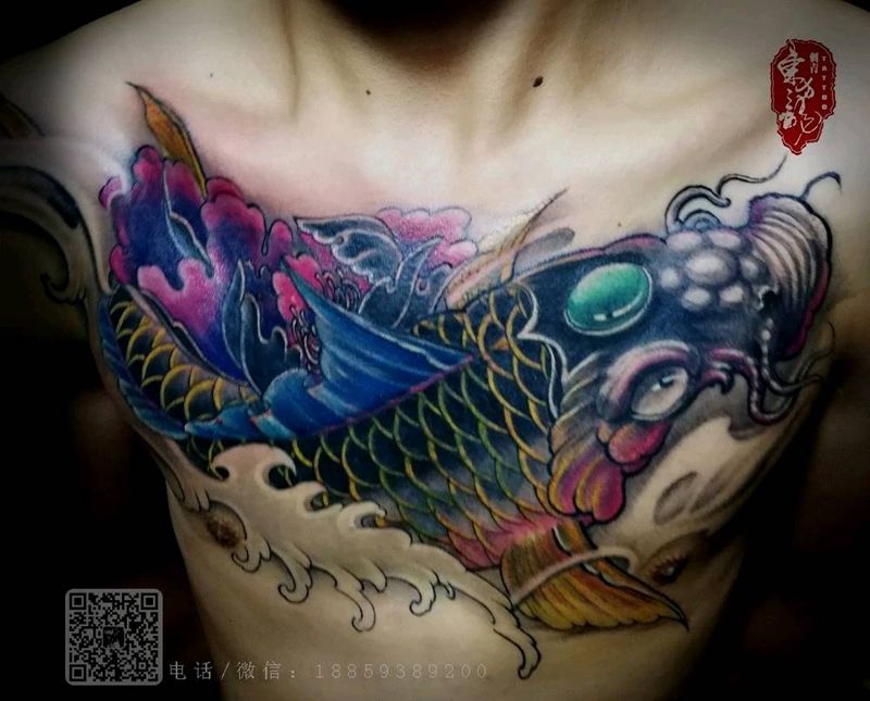 鱼遮盖纹身纹身图片_胸部传统原创宁德东方龙纹成品纹身图案