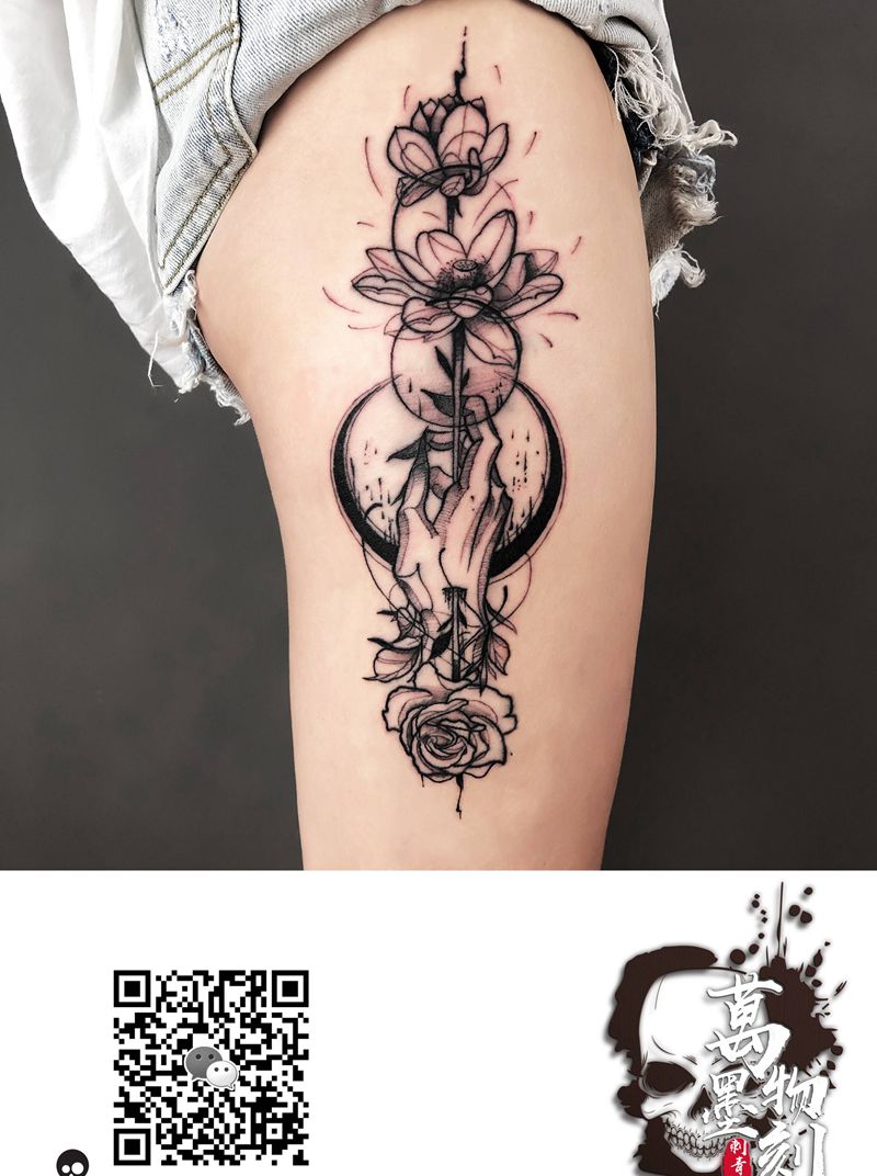 暗黑系纹身图片_腿部脚部点刺几何纹身图案