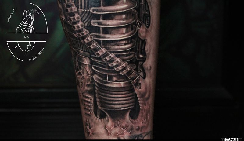 机械纹身图片_腿部纹身图案