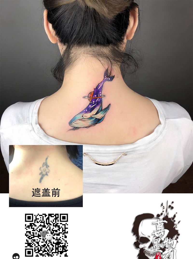 遮盖纹身图片_颈部肩部水彩水墨纹身图案