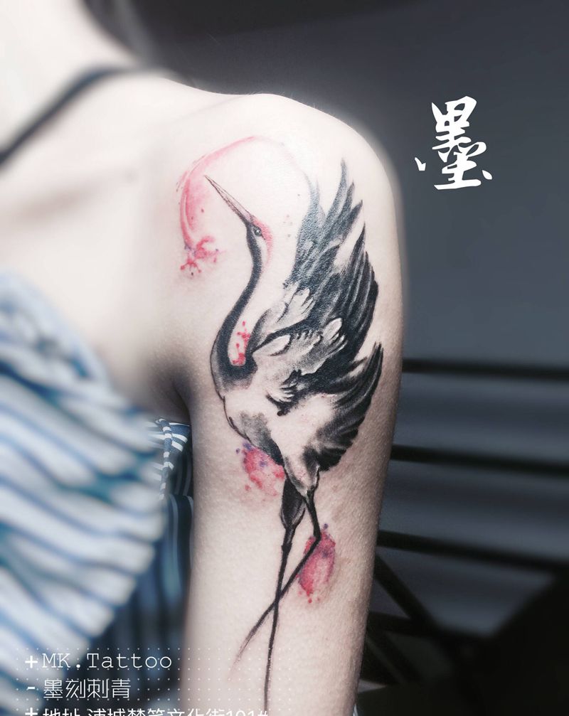 丹顶鹤，水墨纹身图片_手臂水墨纹身图案