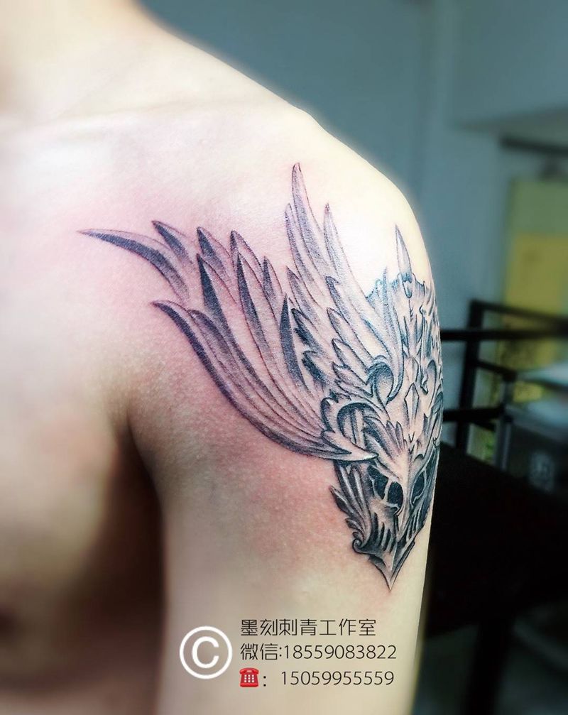 战盔，天使与魔鬼纹身图片_成品手臂欧美静物纹身图案