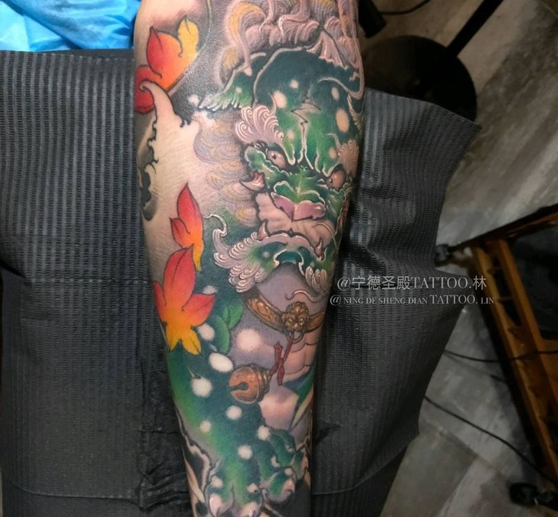 唐狮盖图纹身图片_新传统纹身图案