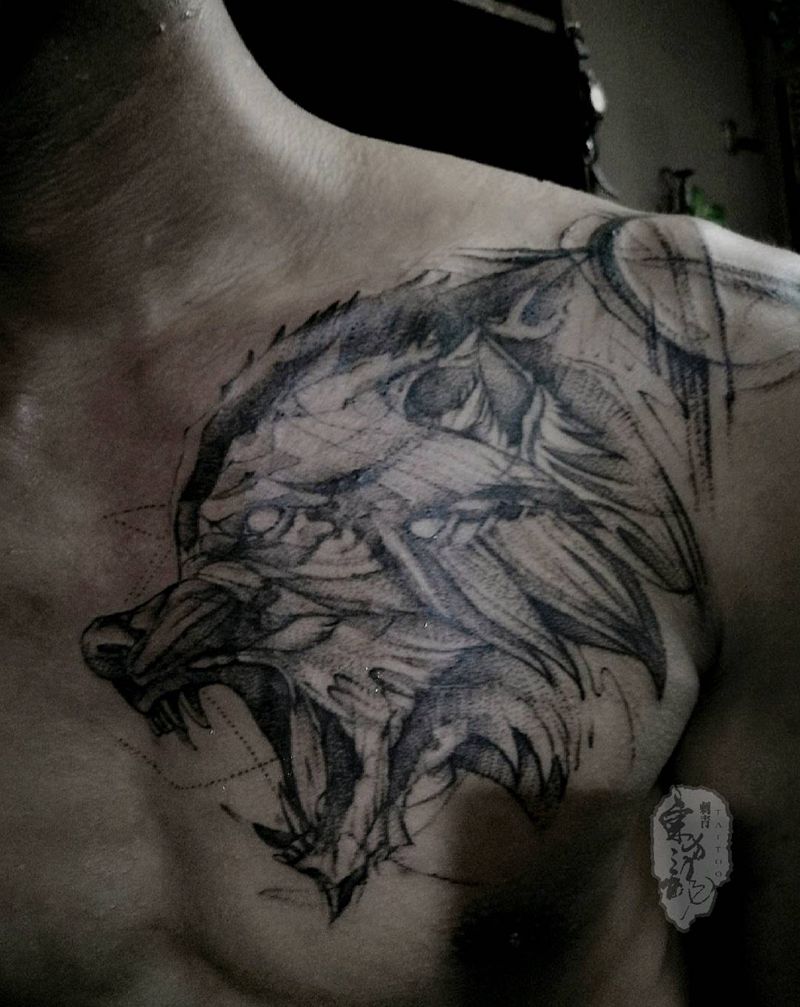 点刺速写纹身图片_胸部点刺纹身图案