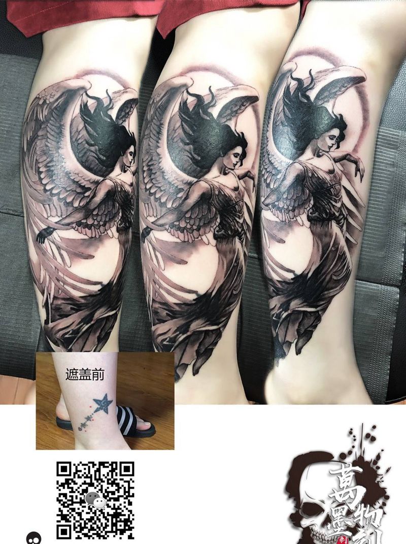 遮盖作品纹身图片_脚部腿部欧美写实水墨纹身图案