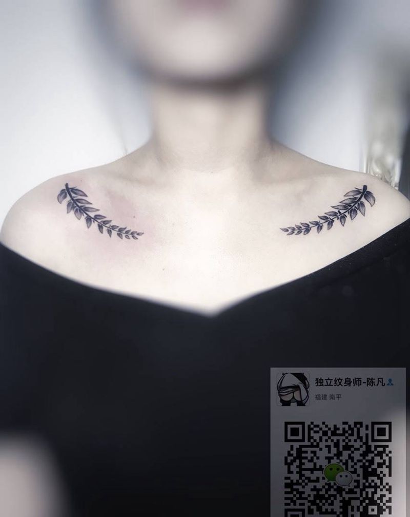 《柳叶》纹身图片_成品肩部颈部清新植物贴纸原创静物纹身图案