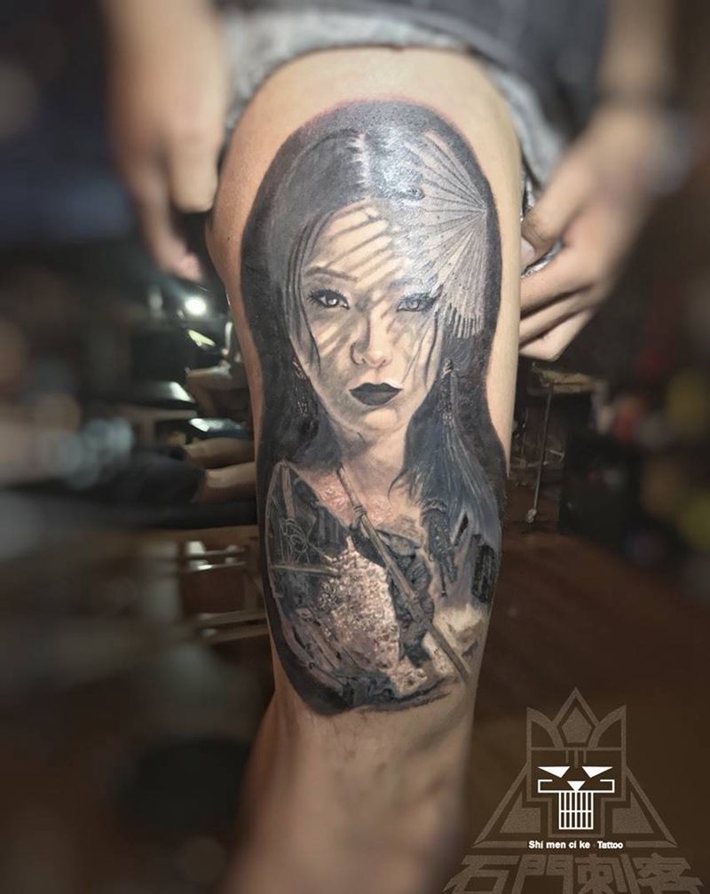 写实艺妓于渔夫纹身图片_成品腿部写实肖像人物纹身图案