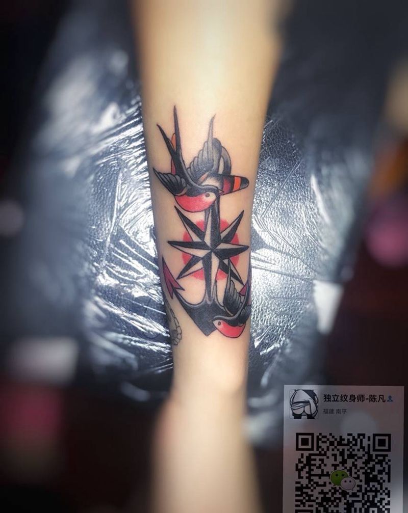 船锚于燕子纹身图片_插画成品手臂欧美传统贴纸动物静物宗教纹身图案