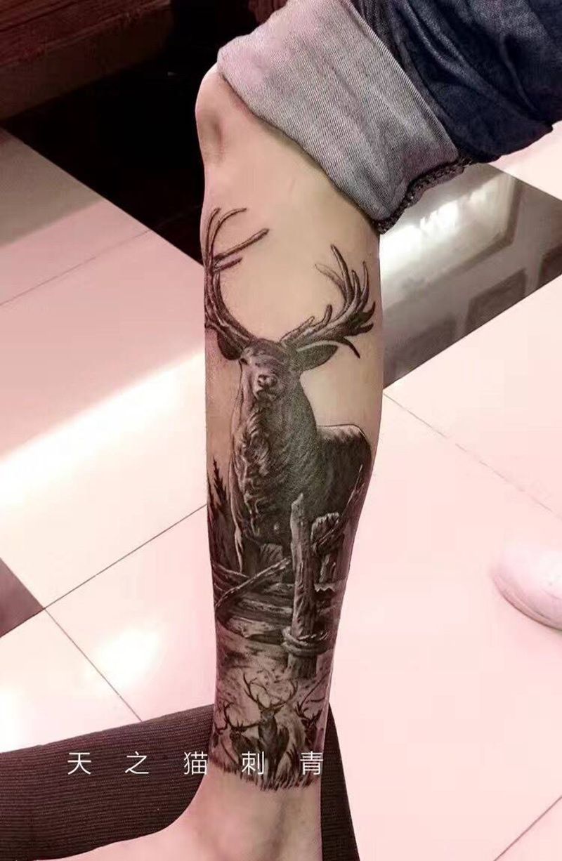 包小腿未完纹身图片_成品欧美写实腿部动物纹身图案