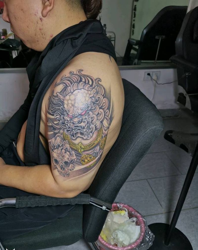 唐狮子纹身图片_手臂新传统纹身图案