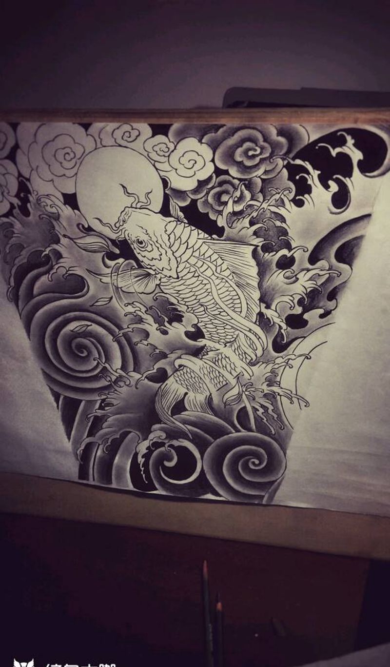 原创手稿 传统鲤鱼纹身图片