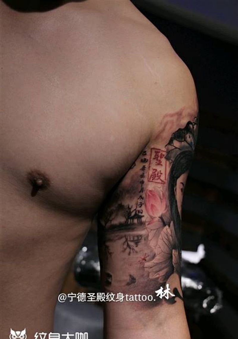 中国风肖像盖图纹身图片_手臂肖像写实国画人物成品纹身图案