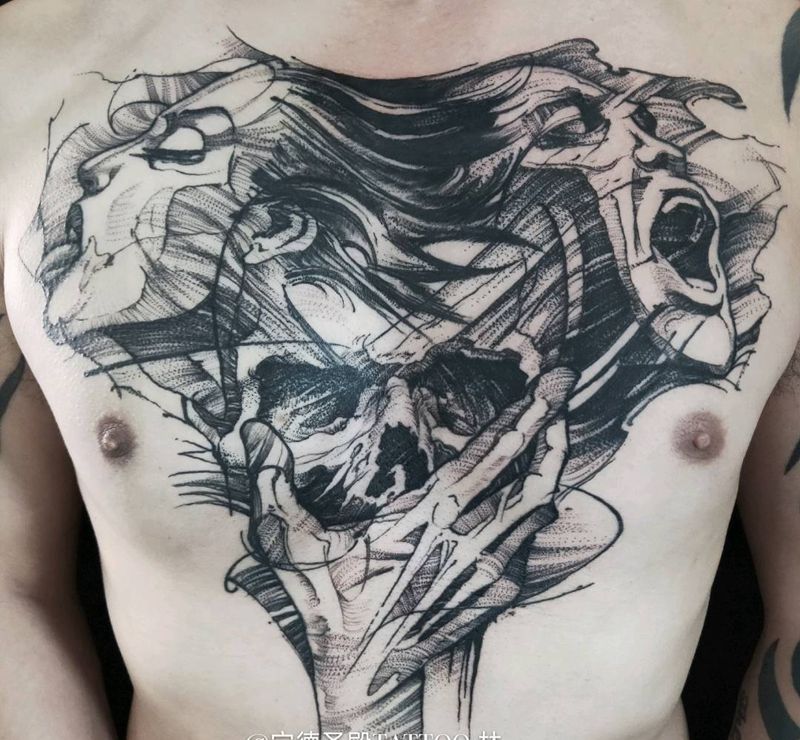 线条纹身图片_胸部纹身图案