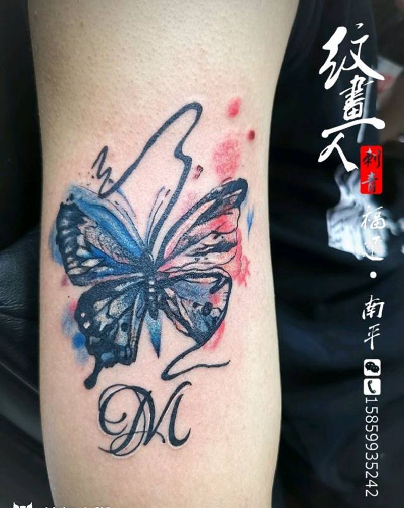 水彩蝴蝶纹身图片_手臂水彩纹身图案
