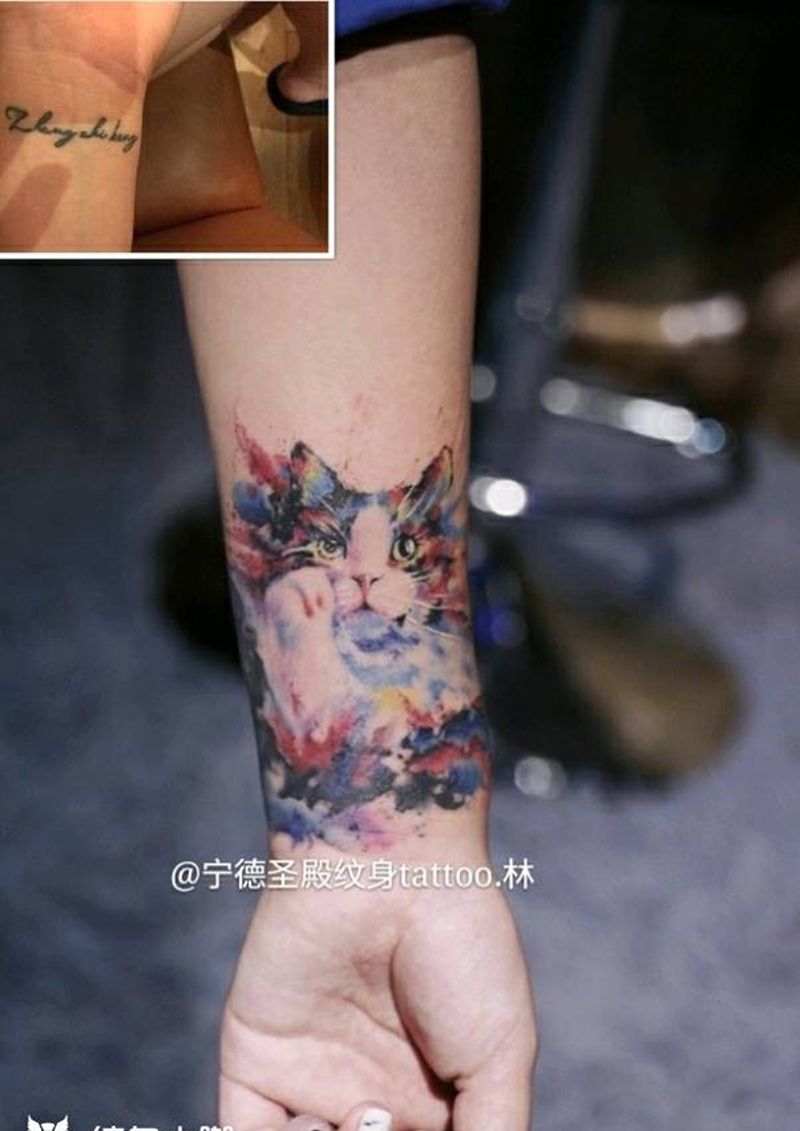水彩猫咪盖图纹身图片