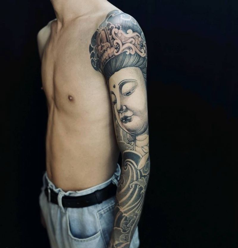 花臂 佛纹身图片_手臂新传统佛浪纹身图案