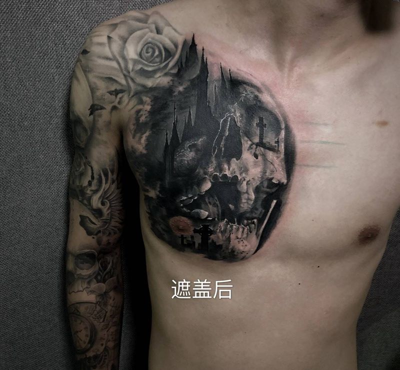 过去纹身图片_成品胸部欧美肖像人物纹身图案