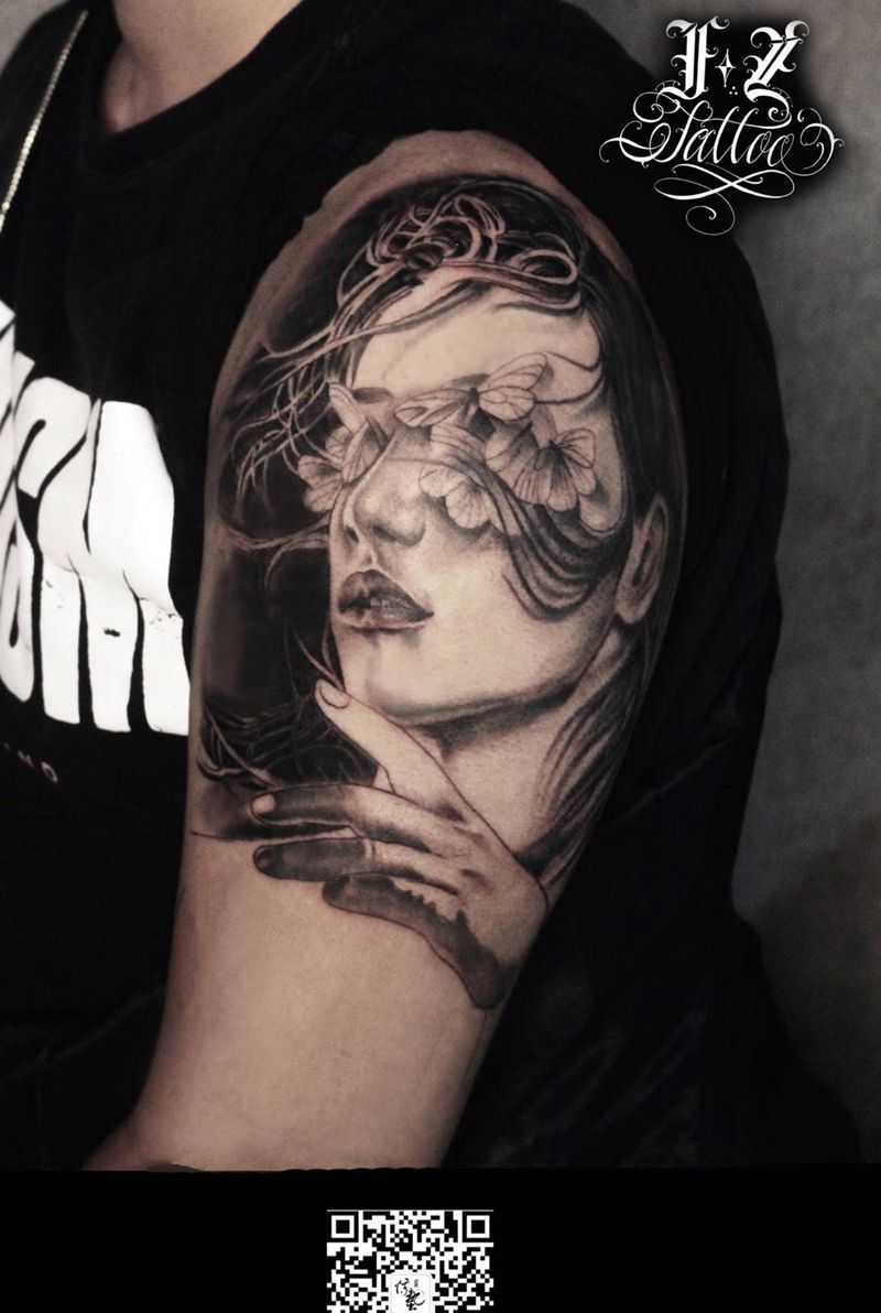 花臂拼接未完成纹身图片