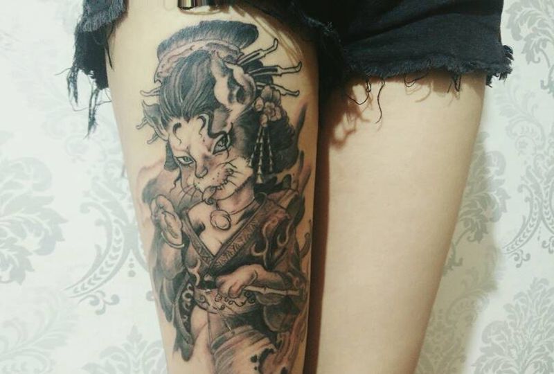 艺姬●喵纹身图片_腿部新传统艺妓纹身图案