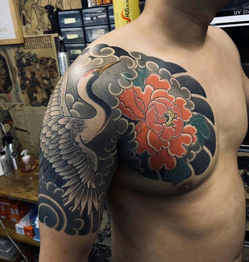 半甲 仙鹤纹身图片_手臂老传统仙鹤 半甲纹身图案