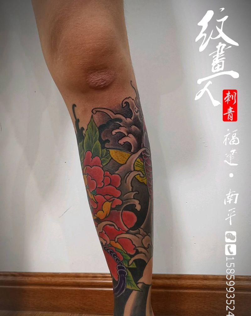 传统包小腿纹身图片_腿部新传统纹身图案