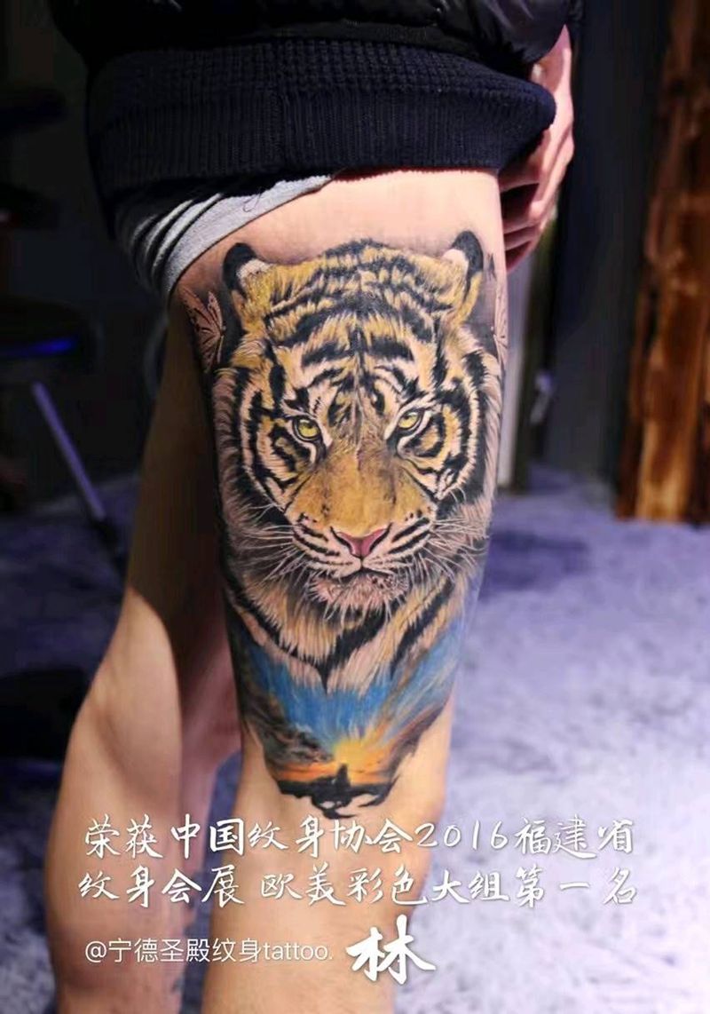 彩色3D写实老虎参赛获奖作品纹身图片_腿部欧美写实动物原创成品纹身图案