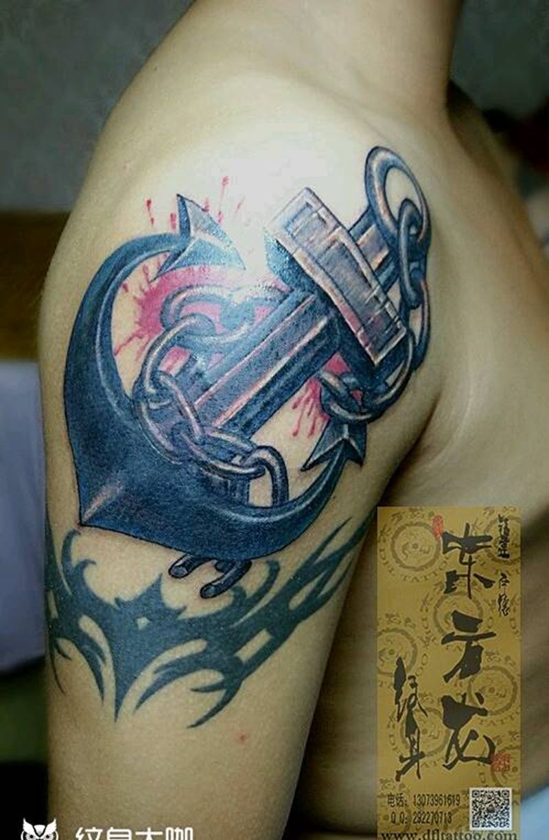 铁锚纹身纹身图片_肩部手臂手部写实静物原创纹身图案