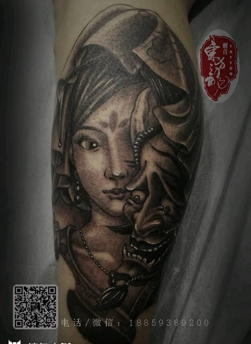 艺妓小腿纹身图片_腿部传统肖像宁德福建成品纹身图案