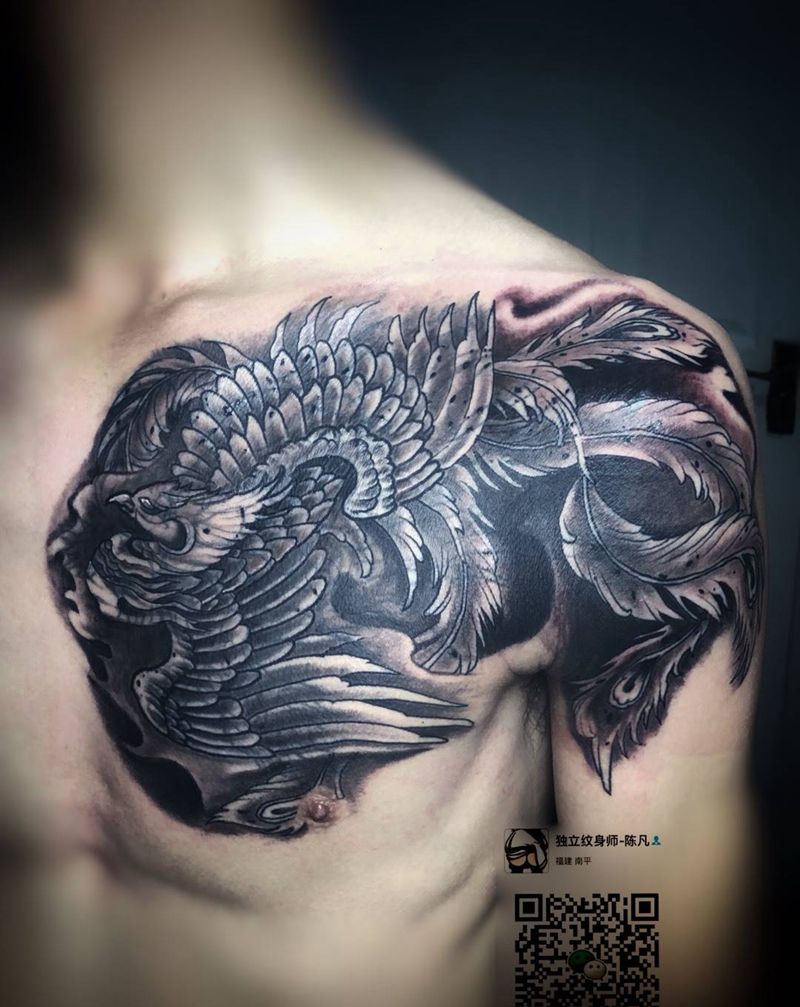 胸口遮盖作品纹身图片_成品胸部传统国画习俗鬼神动物宗教静物纹身图案