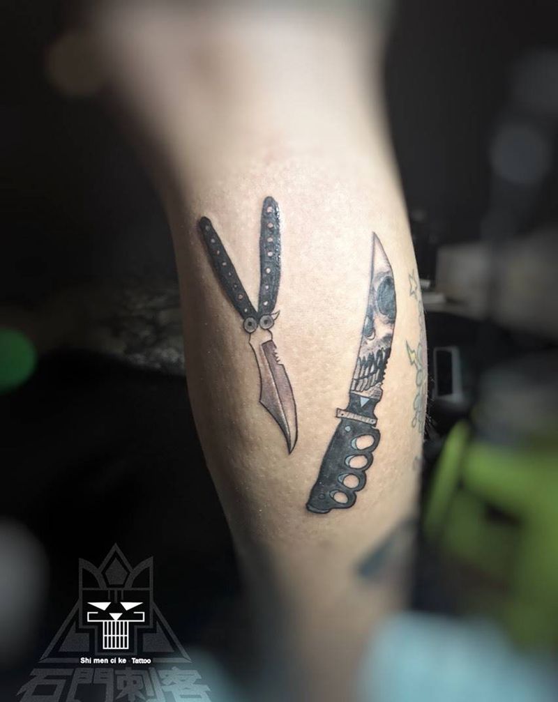 School俩把刀纹身图片_成品腿部欧美贴纸静物原创纹身图案