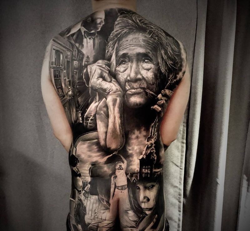 途纹身图片_成品背部欧美肖像写实人物原创纹身图案