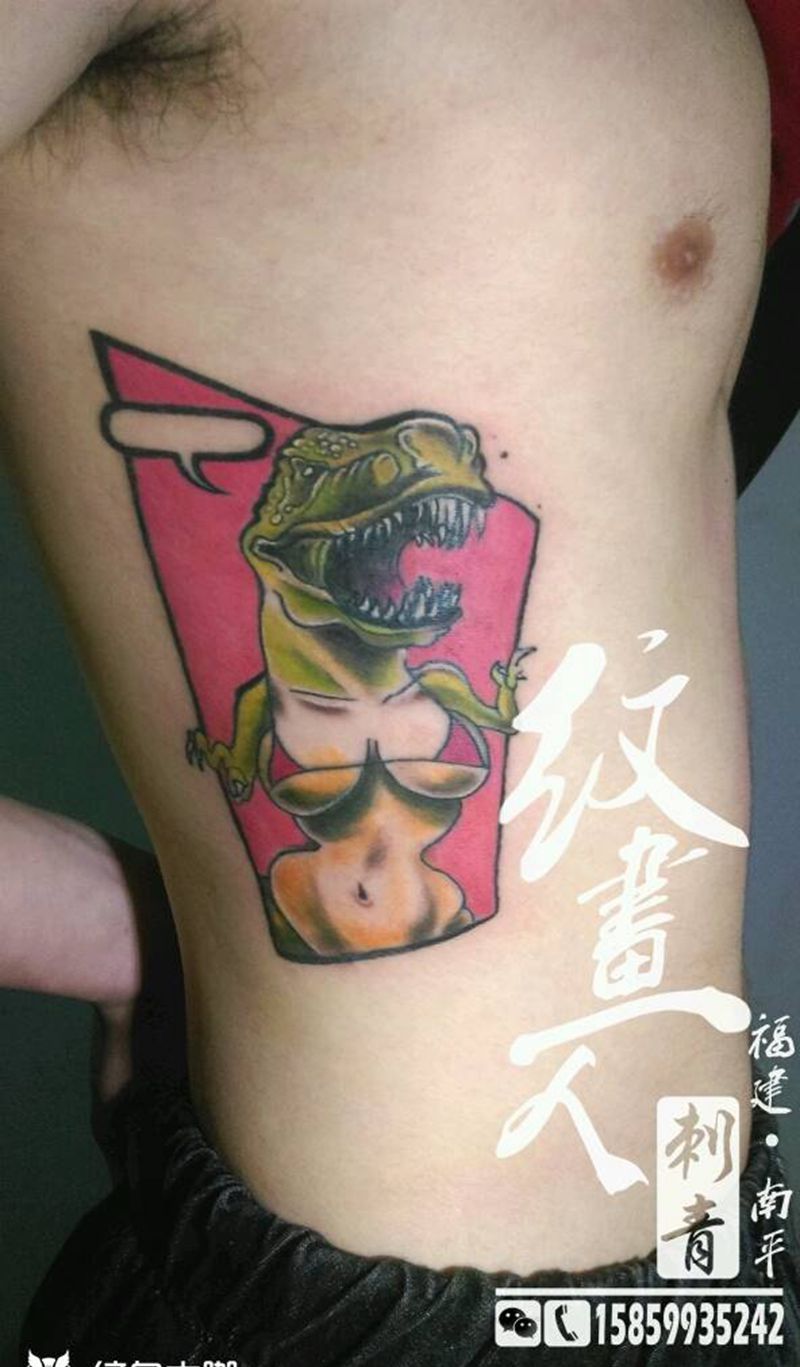 欧美恐龙妹纹身图片_腰部欧美抽象成品纹身图案