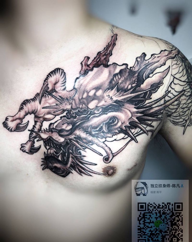半胛过肩龙，未完成纹身图片_成品肩部胸部国画传统鬼神原创贴纸动物宗教纹身图案