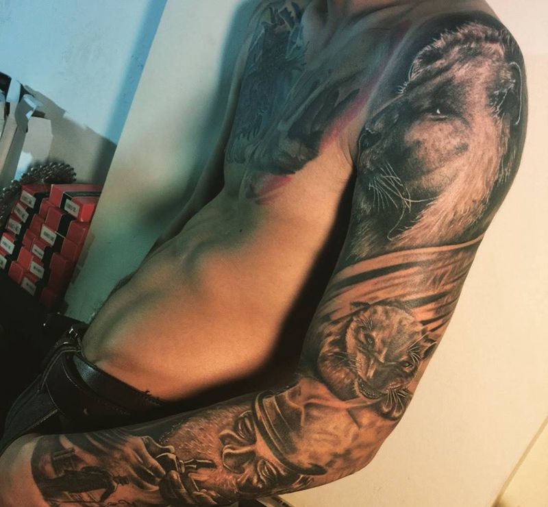 老人纹身图片_成品手臂欧美写实肖像动物人物原创纹身图案