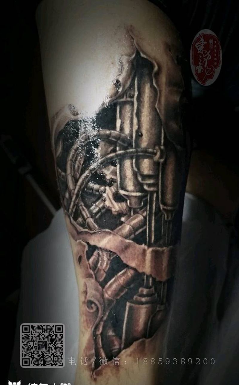 机械腿纹身图片_腿部写实宁德福建东方龙纹成品纹身图案