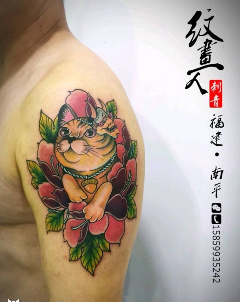 招财猫纹身图片_手臂新传统纹身图案