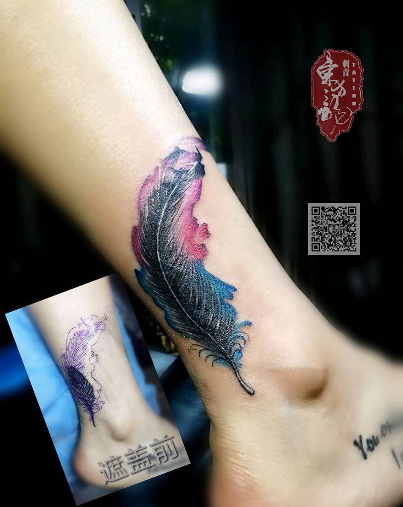 羽毛遮盖纹身纹身图片_脚部腿部羽毛纹身图案