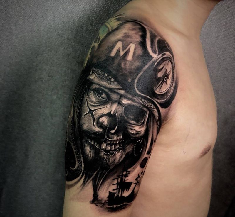 死亡船长纹身图片_成品手臂欧美写实肖像人物鬼神纹身图案