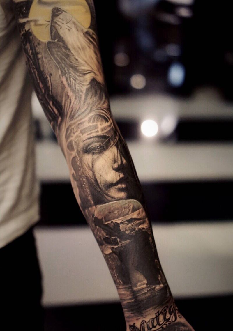 跃纹身图片_成品手臂欧美肖像写实人物植物纹身图案