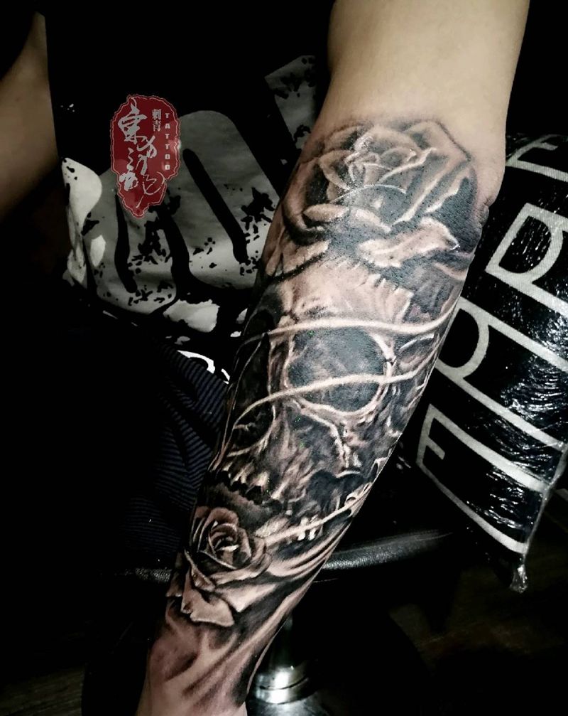 骷髅纹身纹身图片_手臂骷髅包臂纹身图案