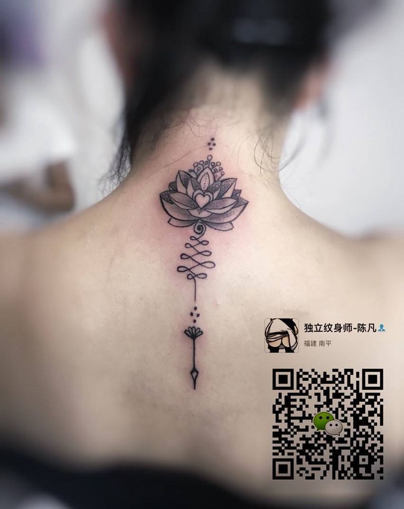 点刺莲花纹身图片_成品背部颈部清新贴纸几何字符植物图腾纹身图案