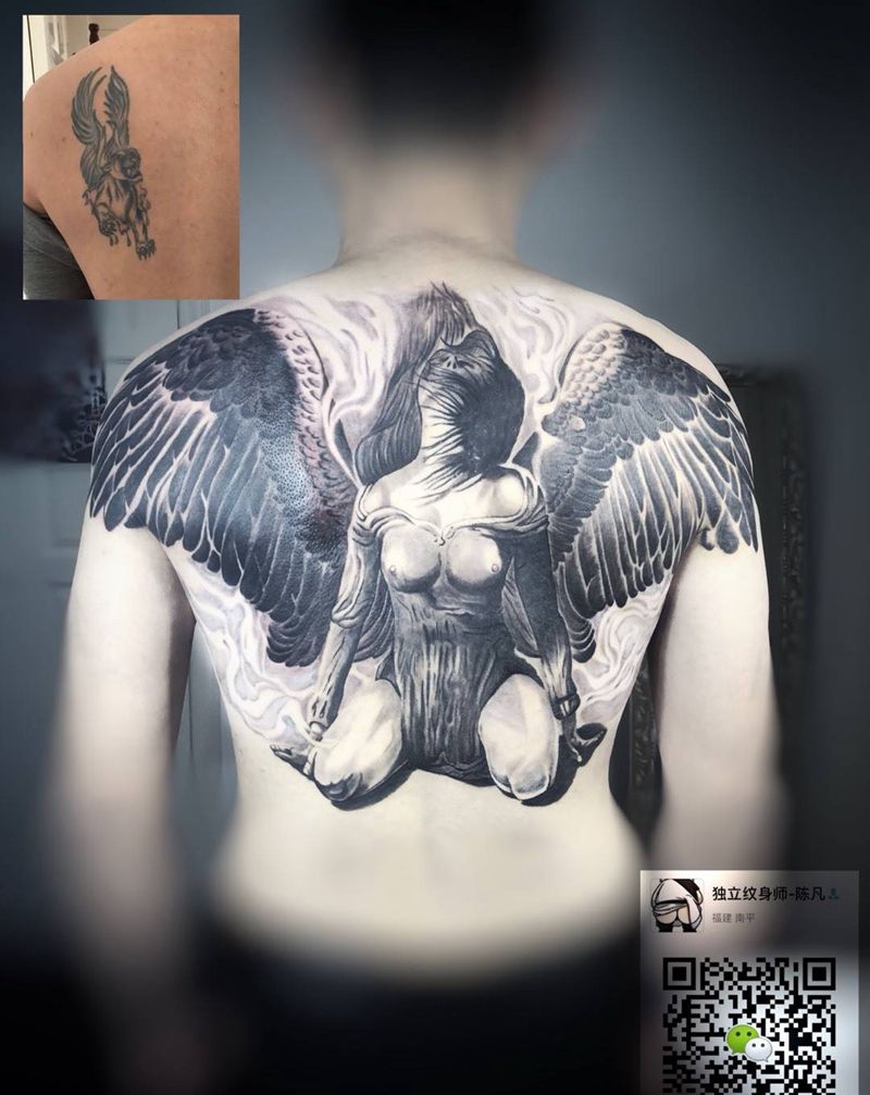 遮盖作品《大天使》纹身图片_成品肩部背部欧美写实肖像原创鬼神宗教人物纹身图案