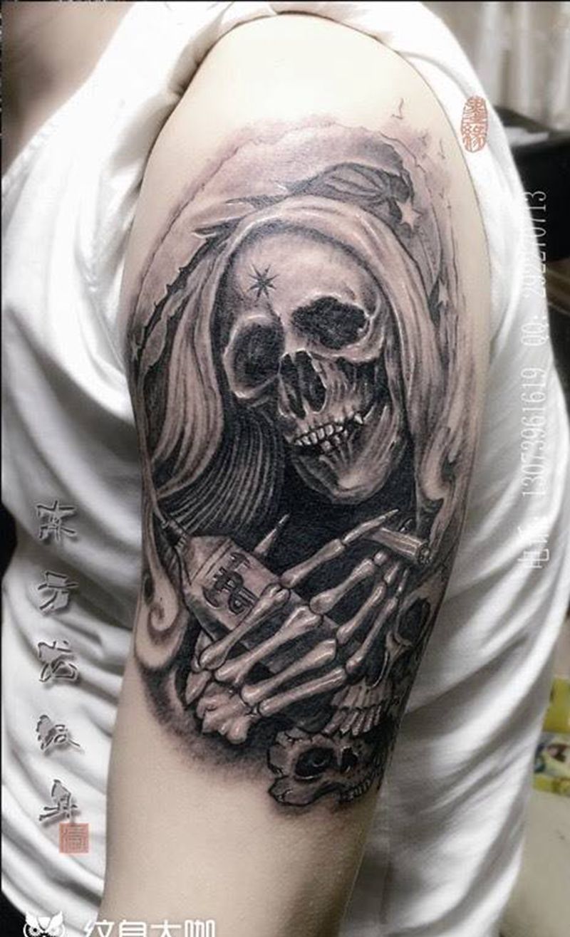 骷髅纹身纹身图片_成品手臂欧美东方龙宁德纹身图案