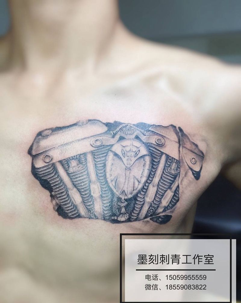 V型缸发动机纹身图片_胸部欧美写实纹身图案