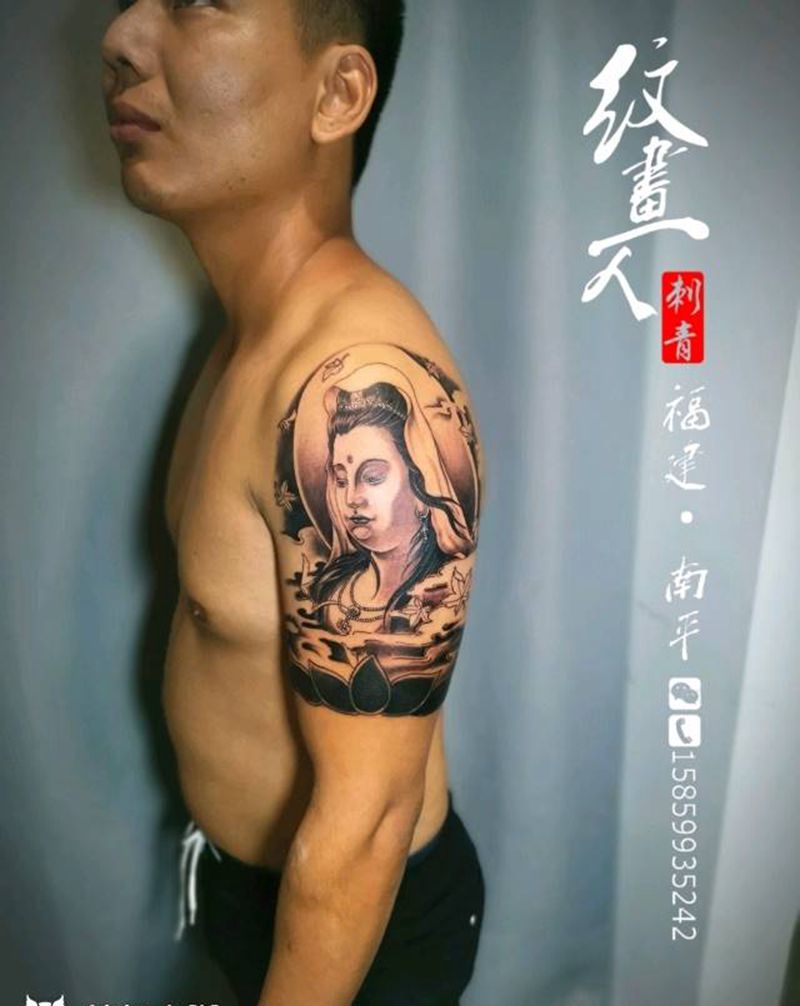 观音（遮盖）纹身图片_手臂新传统纹身图案