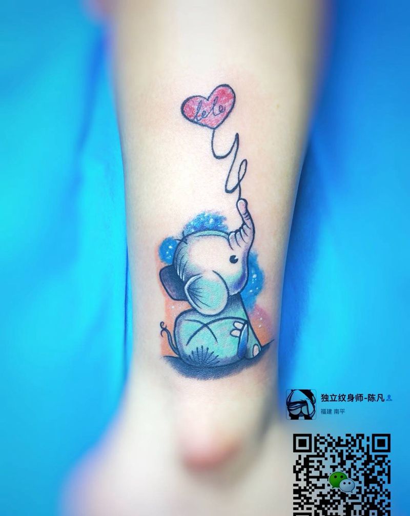 水彩小象纹身图片_成品腿部脚部欧美清新贴纸动物原创静物几何纹身图案