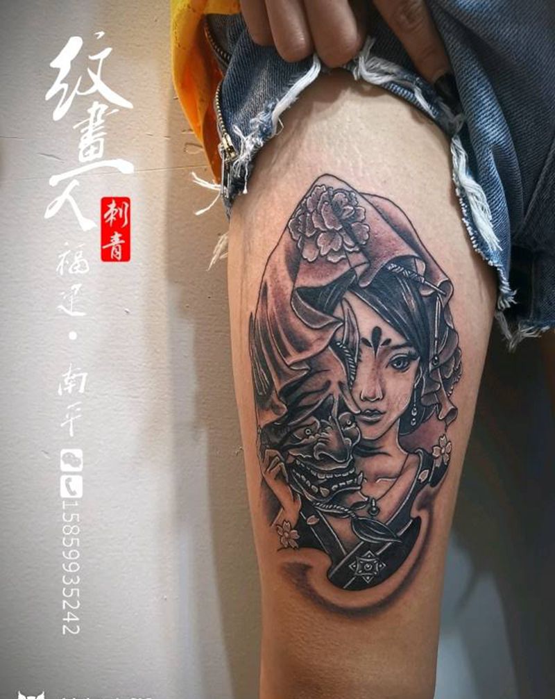 艺伎纹身图片_腿部新传统纹身图案
