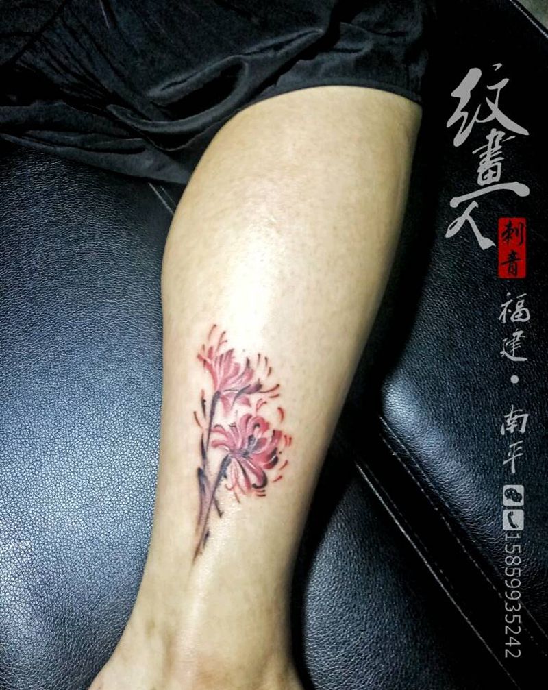彼岸花纹身图片_腿部传统植物静物成品纹身图案
