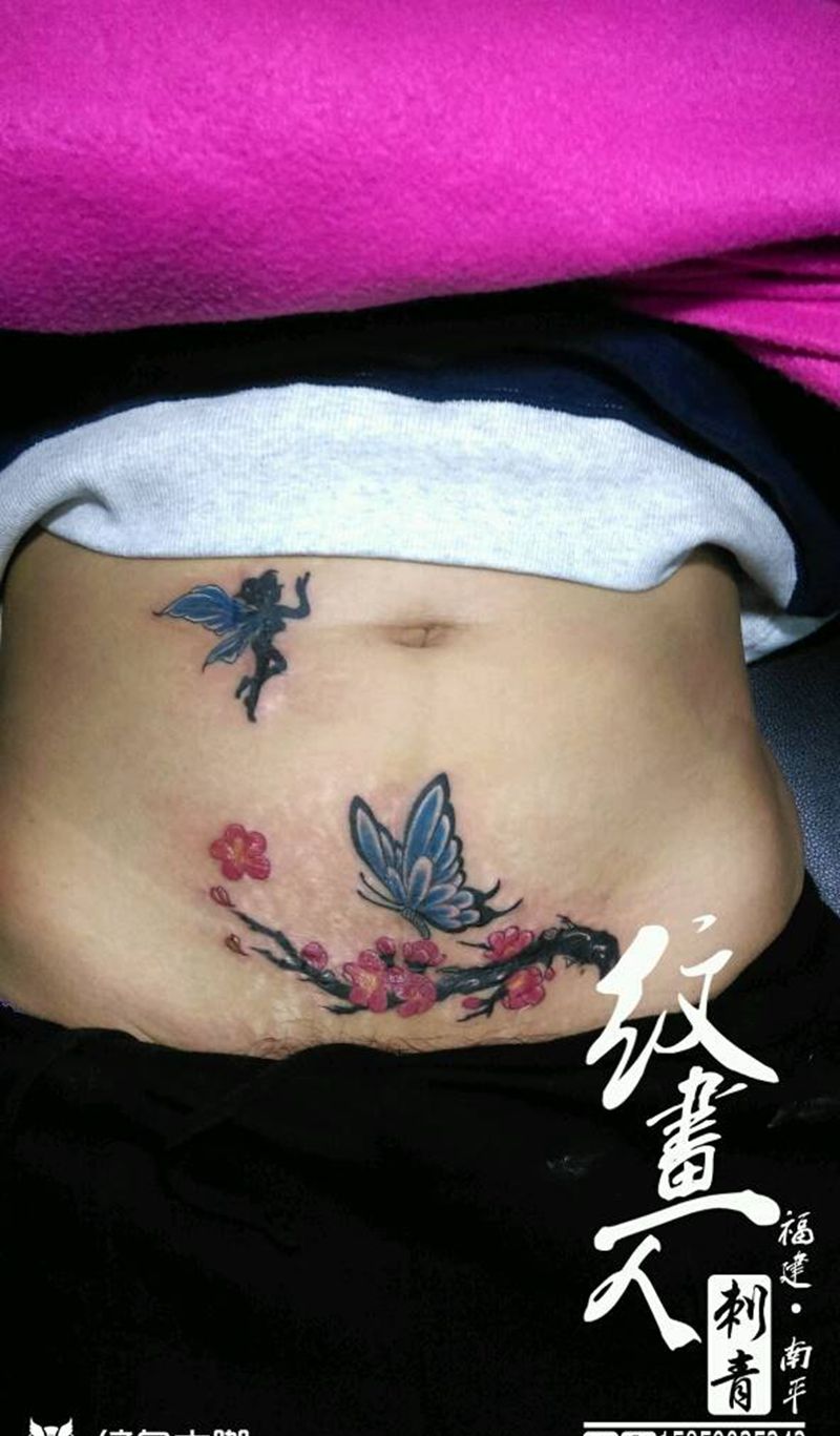破腹产疤痕遮盖纹身图片_腹部传统清新国画动物植物成品纹身图案